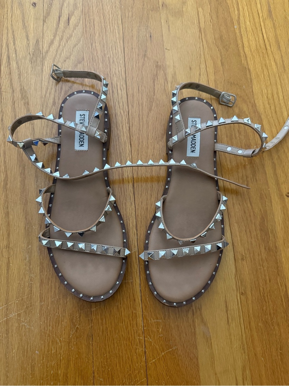 Steve Madden Taupe Pyramid-Stud Sandals with Ankle Straps